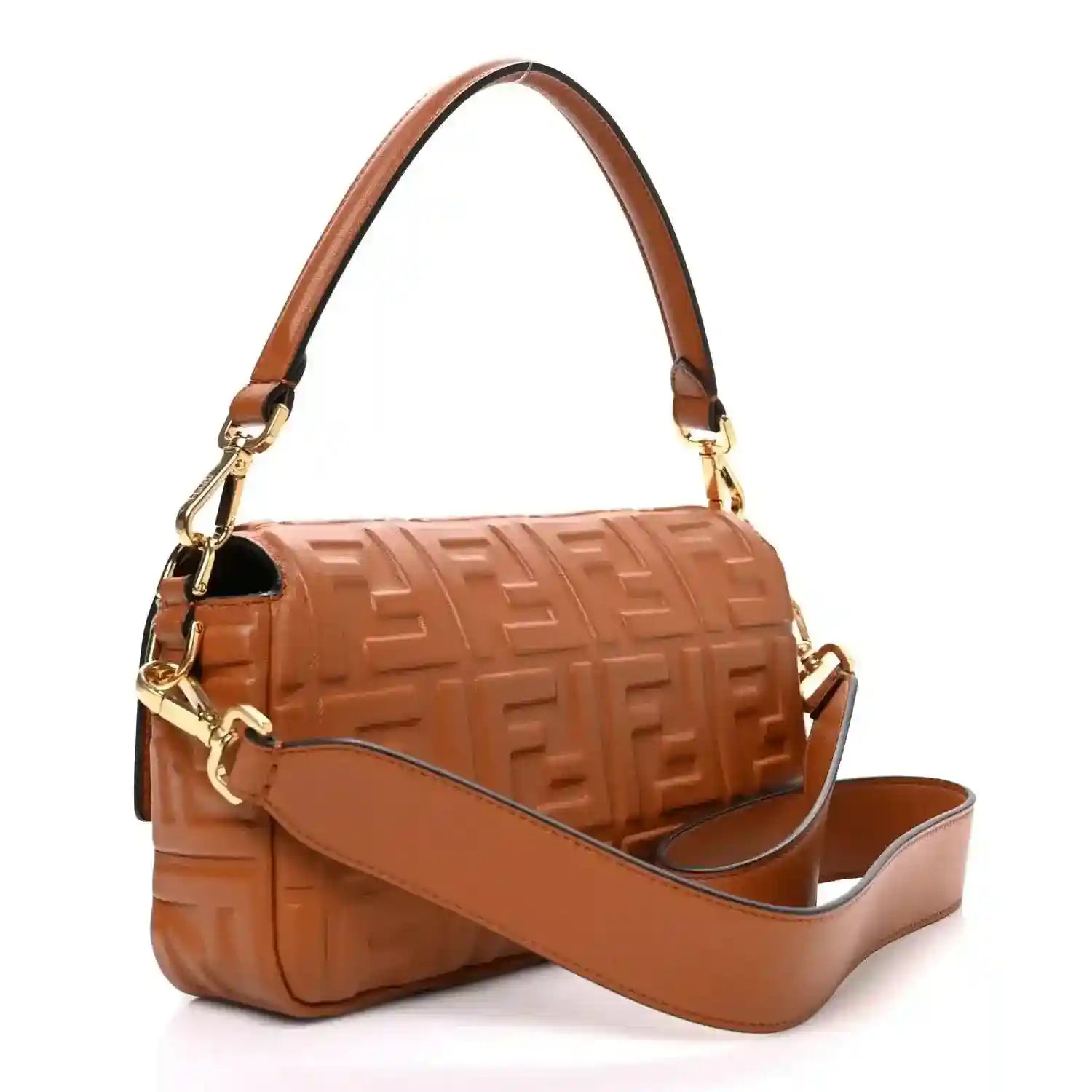 Fendi baguette bag with tan crossbody strap and embossed leather flap closure
