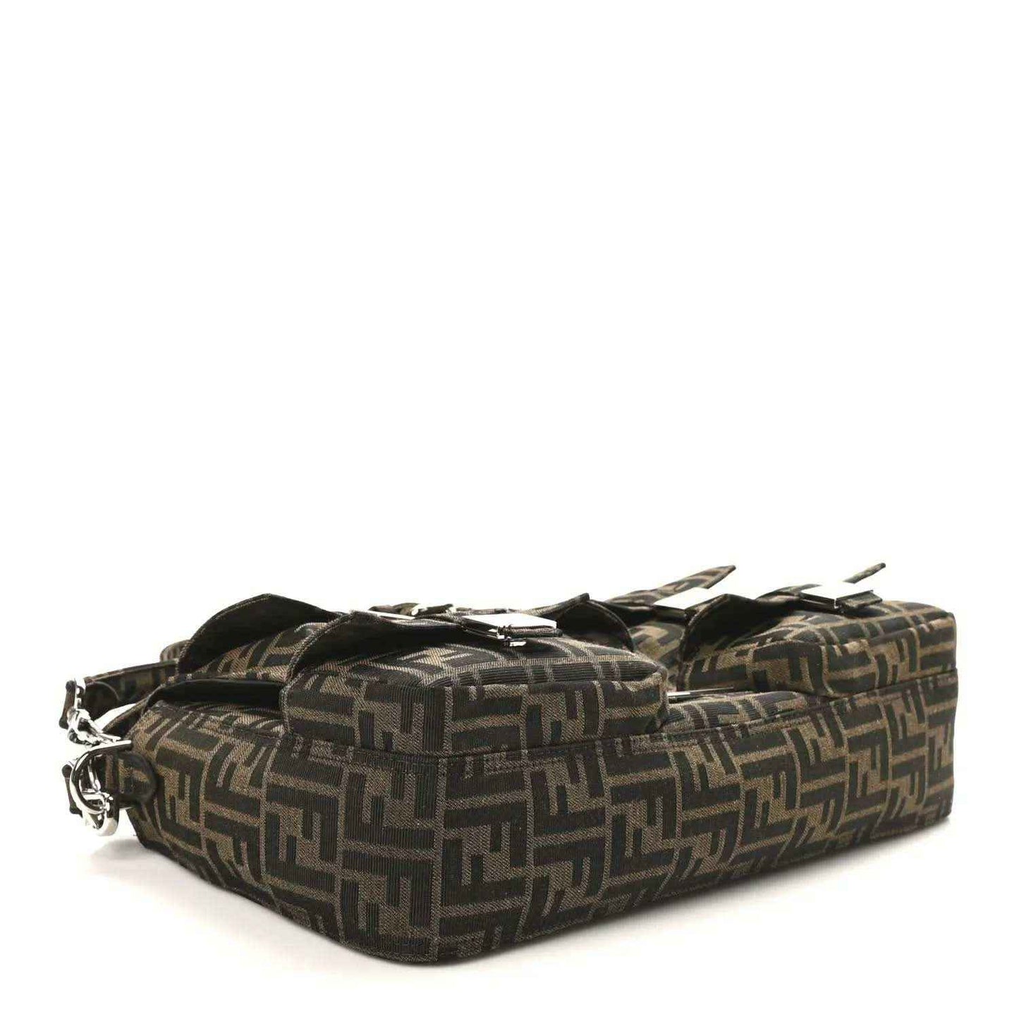Fendi Zucca canvas maxi baguette bag with top flap and buckle, dark brown FF print.