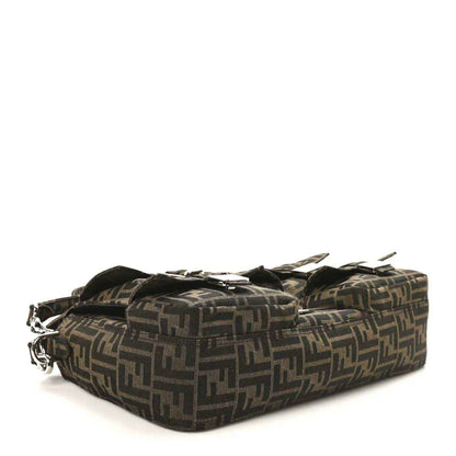Fendi Zucca canvas maxi baguette bag with top flap and buckle, dark brown FF print.