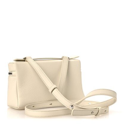 Whisper white grained calfskin pouch with front zip pocket and adjustable strap