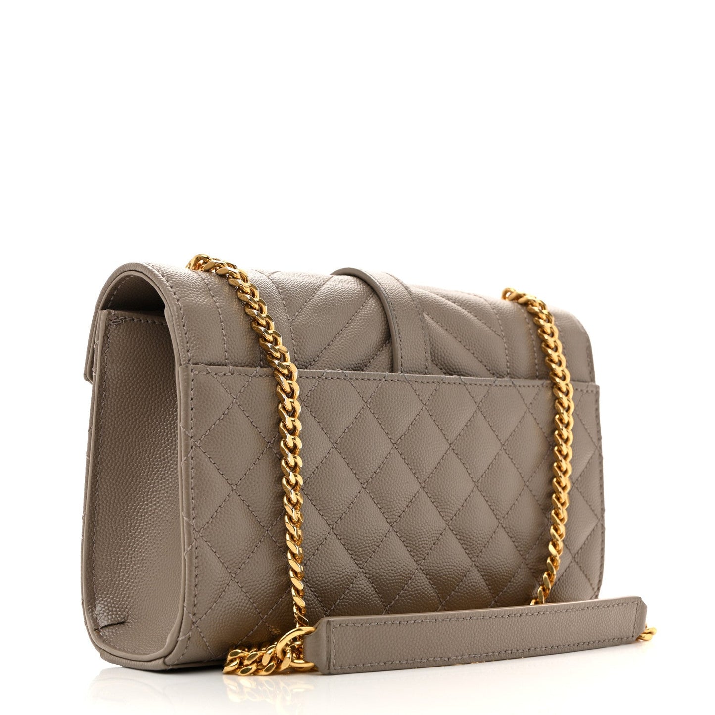 Greyish brown small quilted satchel with gold chain, front logo, and top flap