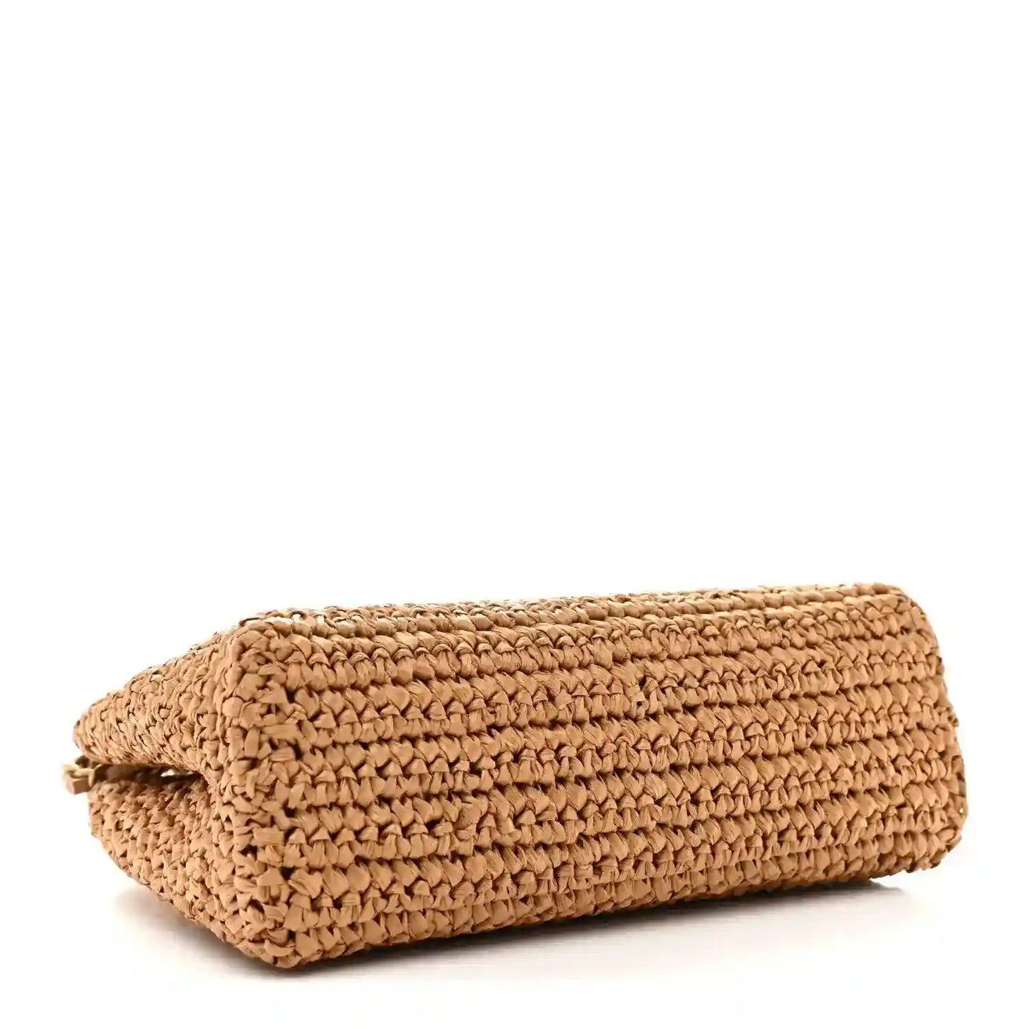 Dark beige braided raffia clutch-style flap bag with short top handle