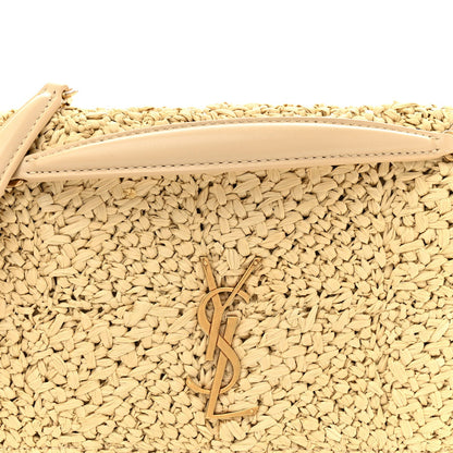 Natural raffia flap with Saint Laurent monogram plaque and beige leather trim