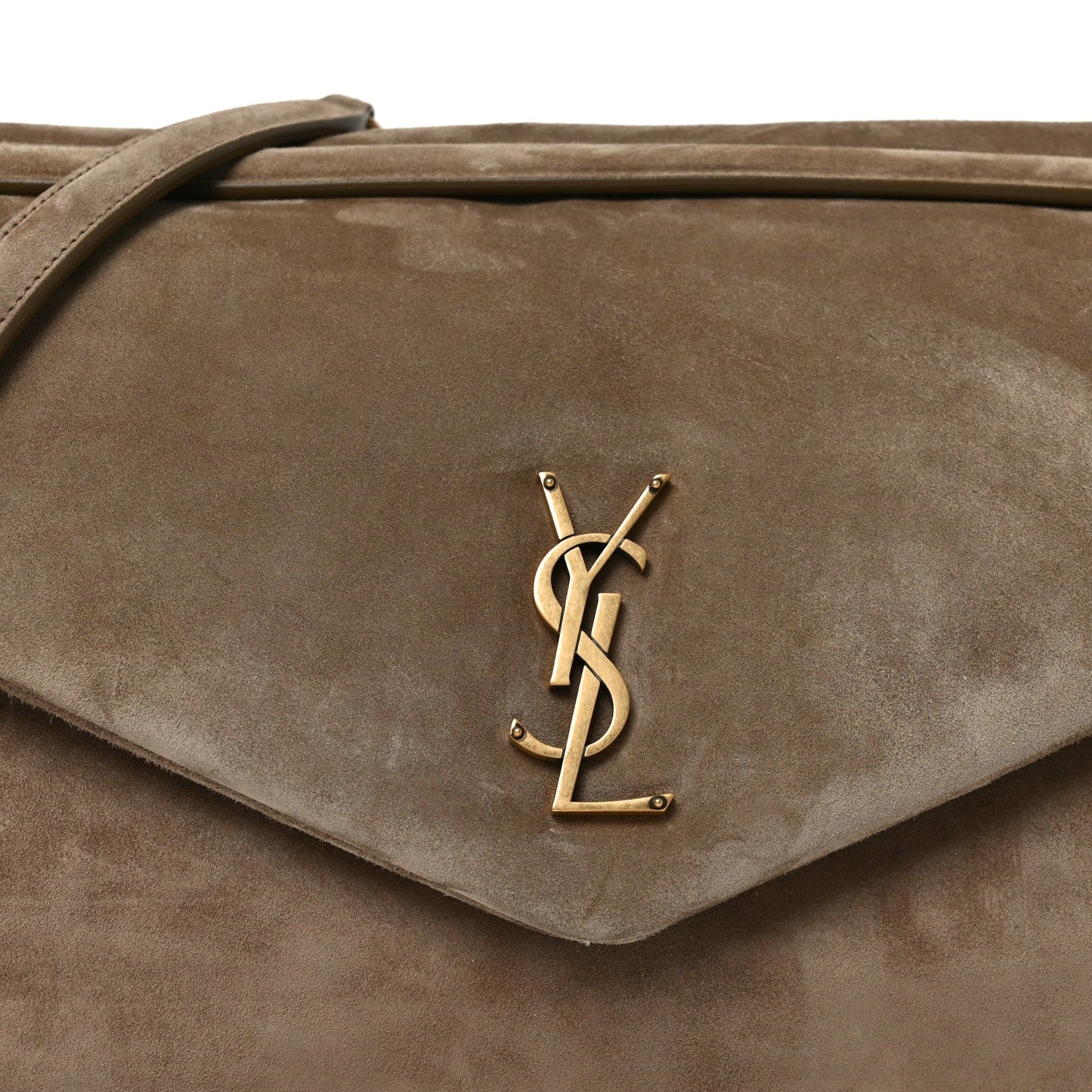 Saint Laurent Calypso suede large shoulder bag, taupe, front flap with YSL logo