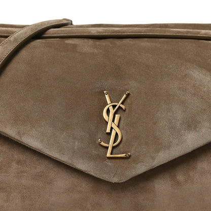 Saint Laurent Calypso suede large shoulder bag, taupe, front flap with YSL logo