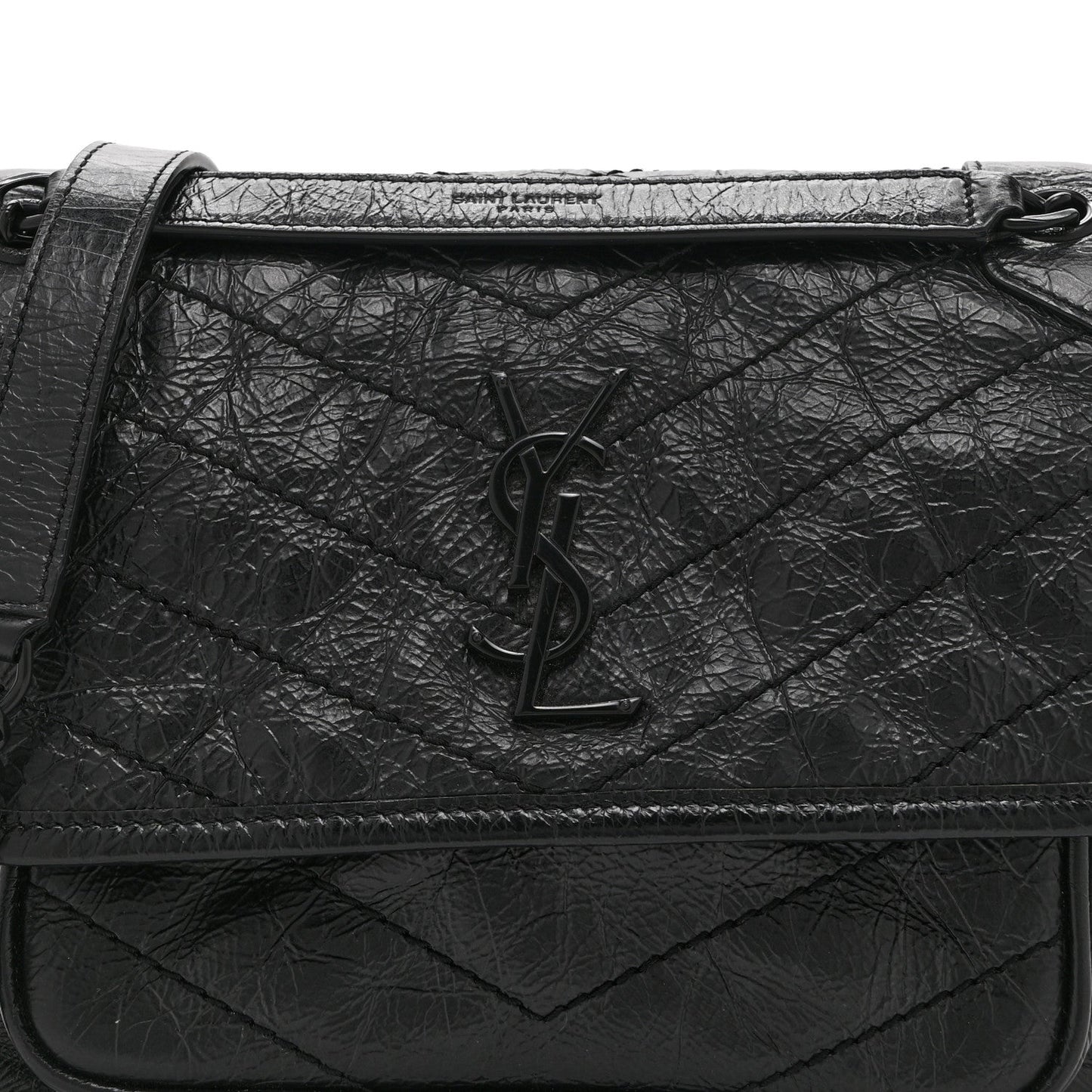 Black satchel front with YSL monogram on quilted crinkled leather flap