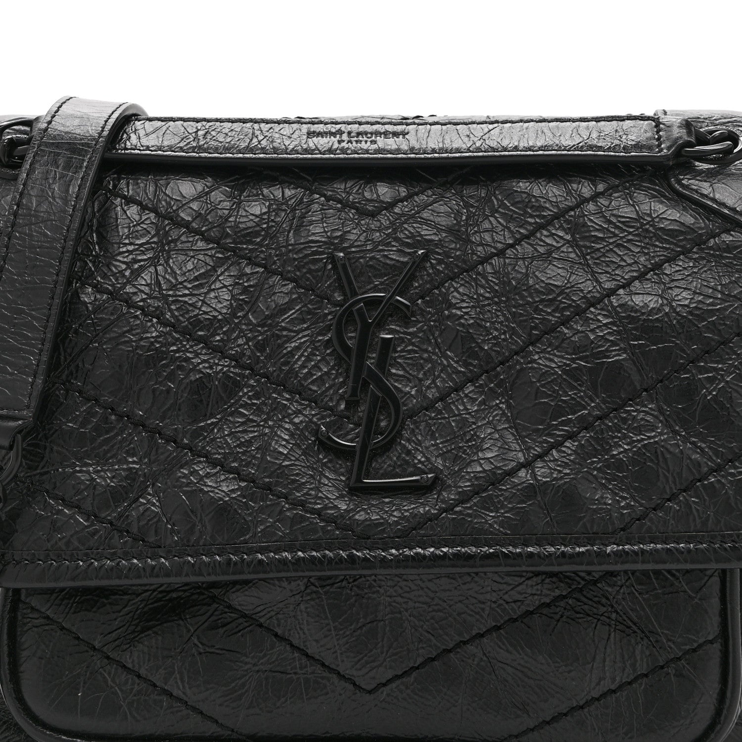 Black satchel front with YSL monogram on quilted crinkled leather flap