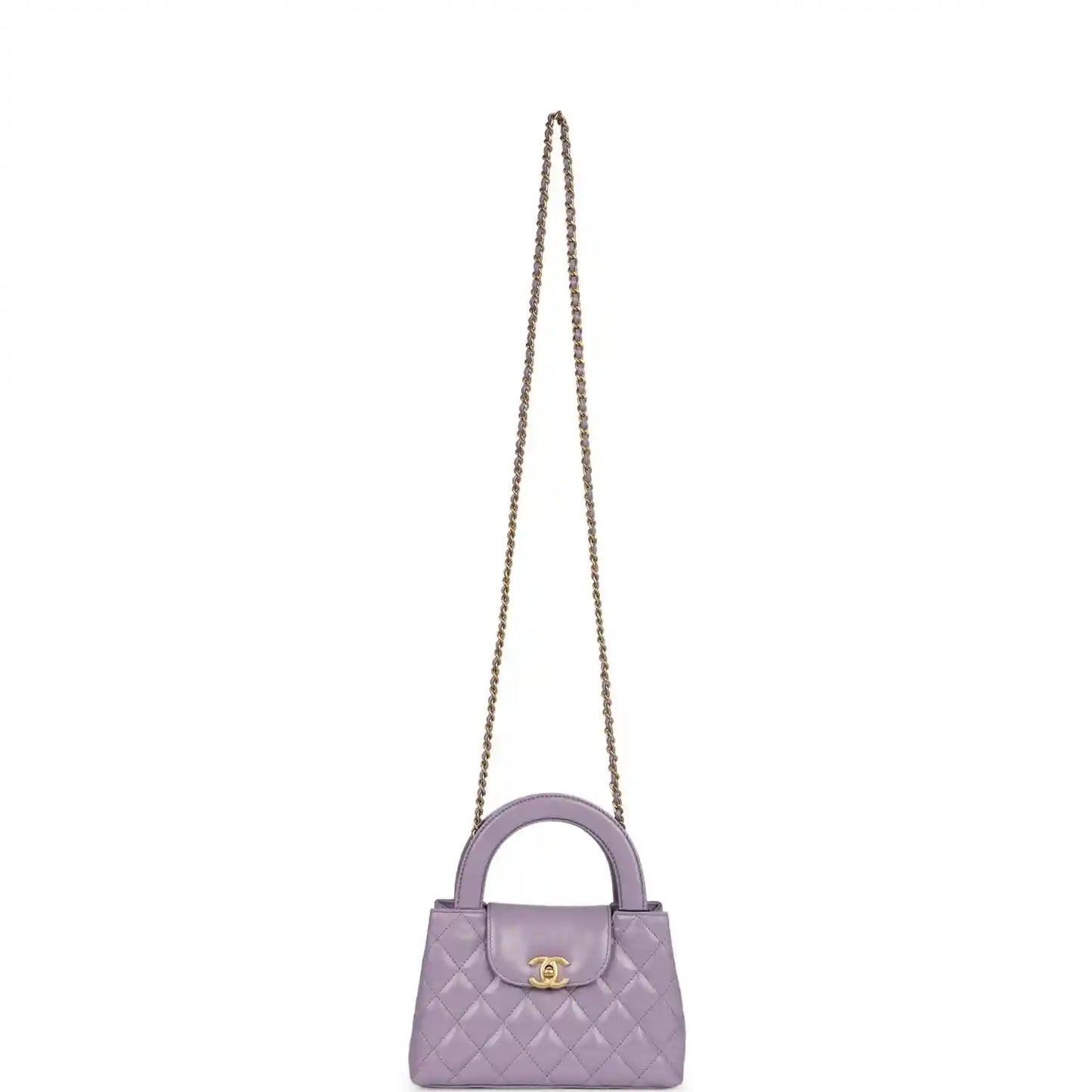 Chanel small Kelly bag in light purple quilted leather with gold-tone chain strap