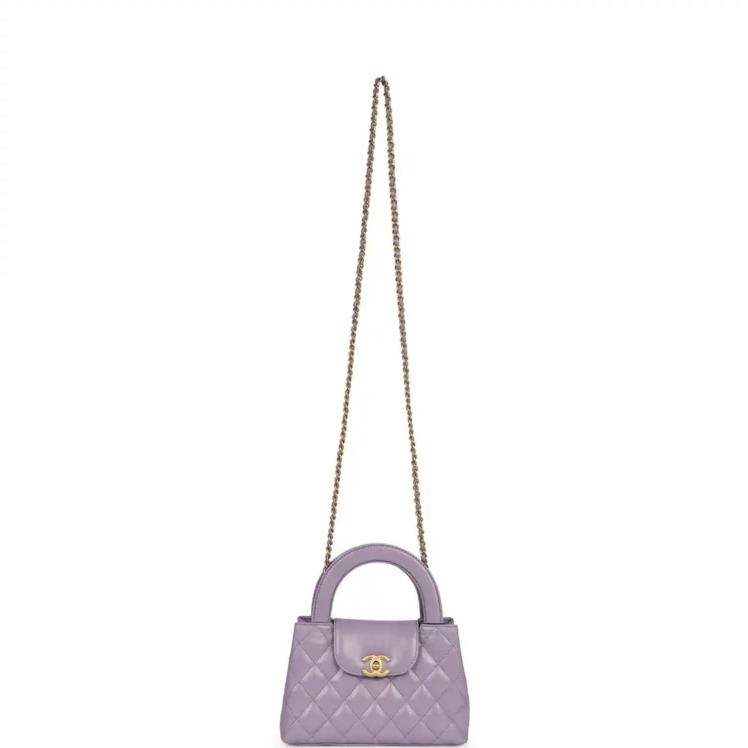 Chanel small Kelly bag in light purple quilted leather with gold-tone chain strap