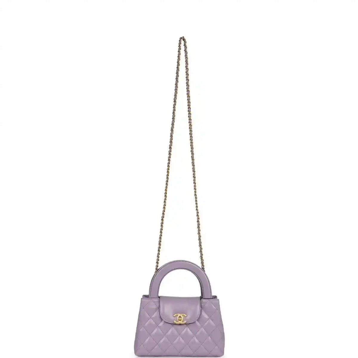 Chanel small Kelly bag in light purple quilted leather with gold-tone chain strap