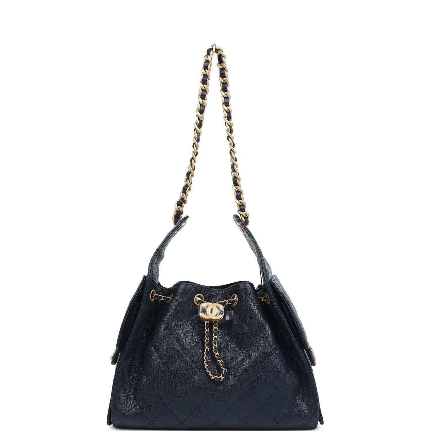 Small hobo bag, dark navy quilted caviar leather, chain shoulder straps, logo clasp
