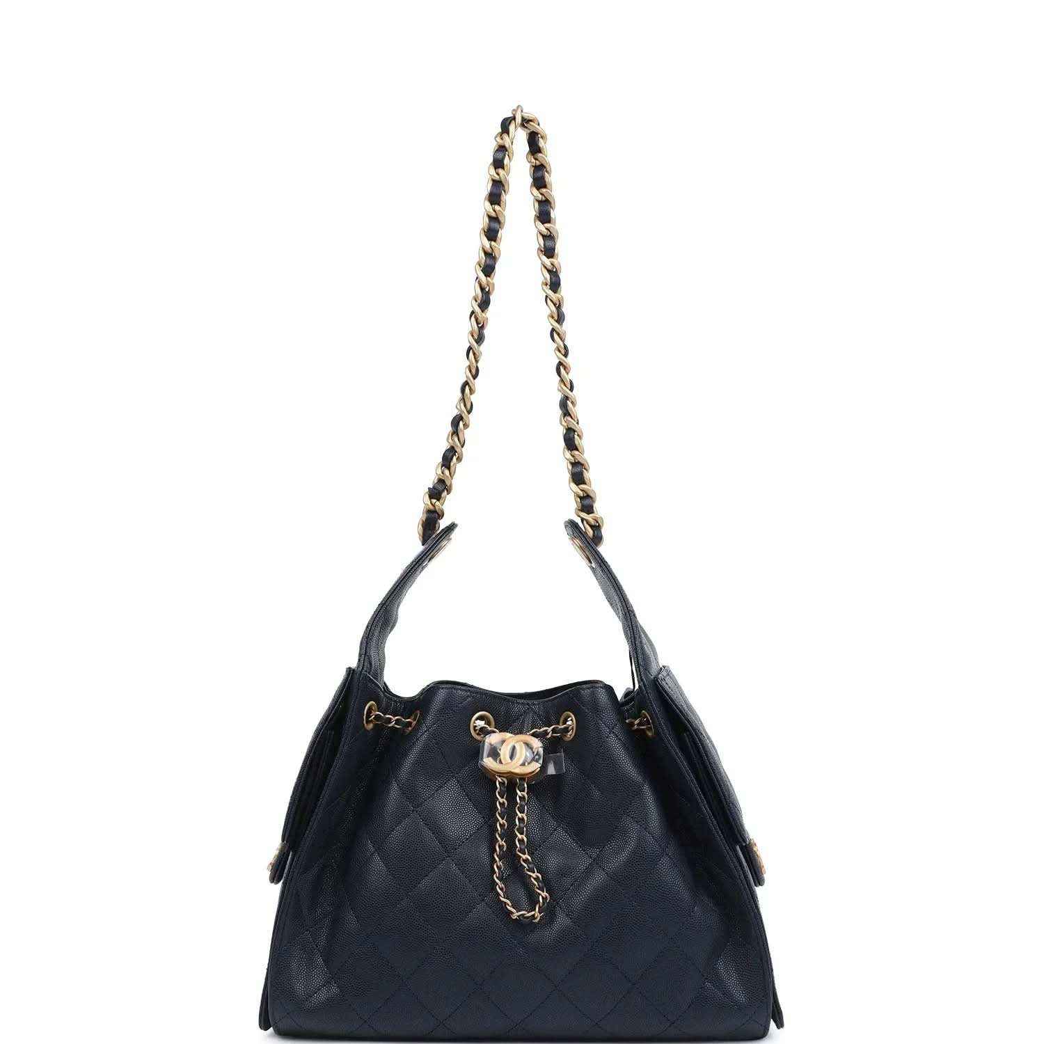 Small hobo bag, dark navy quilted caviar leather, chain shoulder straps, logo clasp