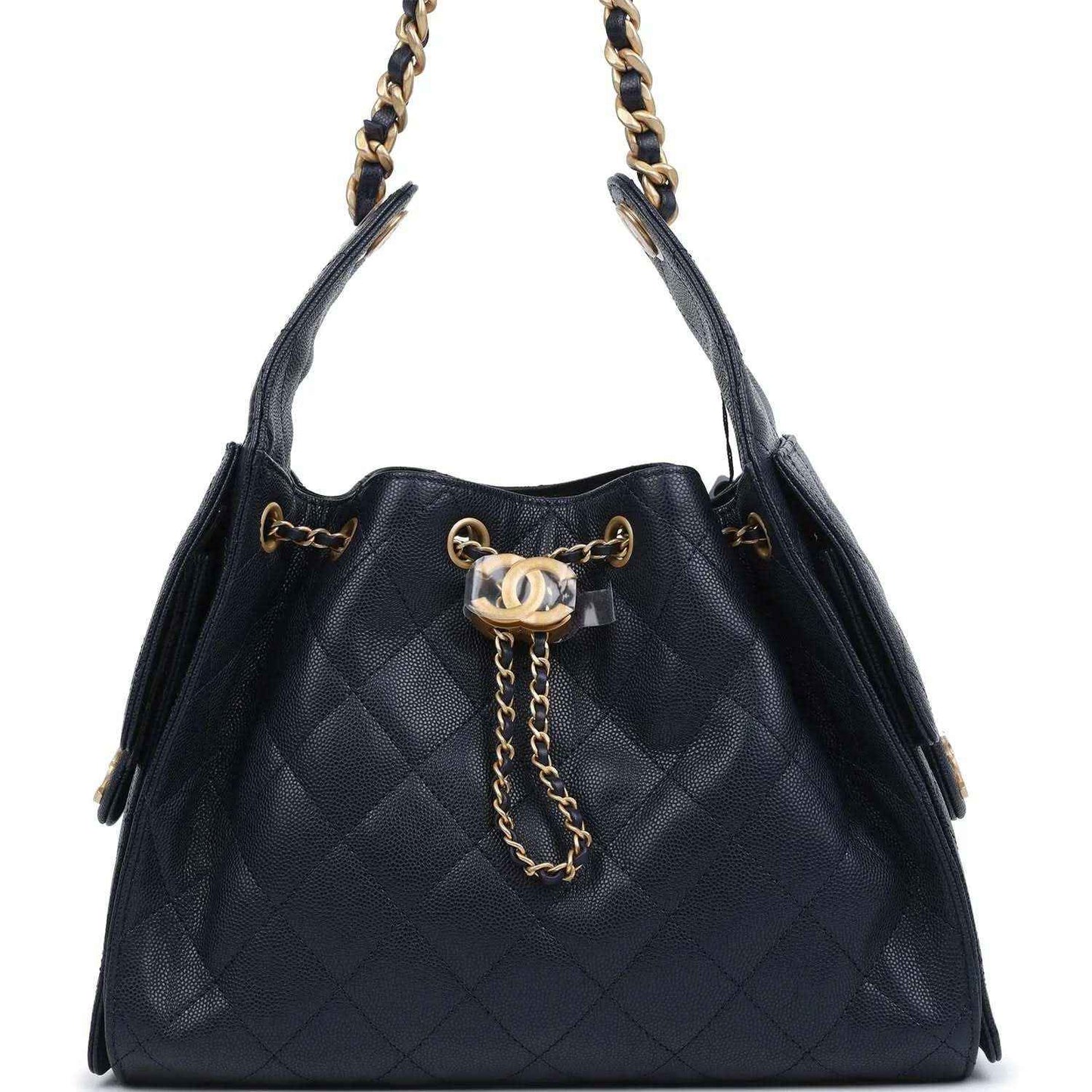 Small hobo bag, dark navy quilted caviar leather, chain shoulder straps, gold clasp