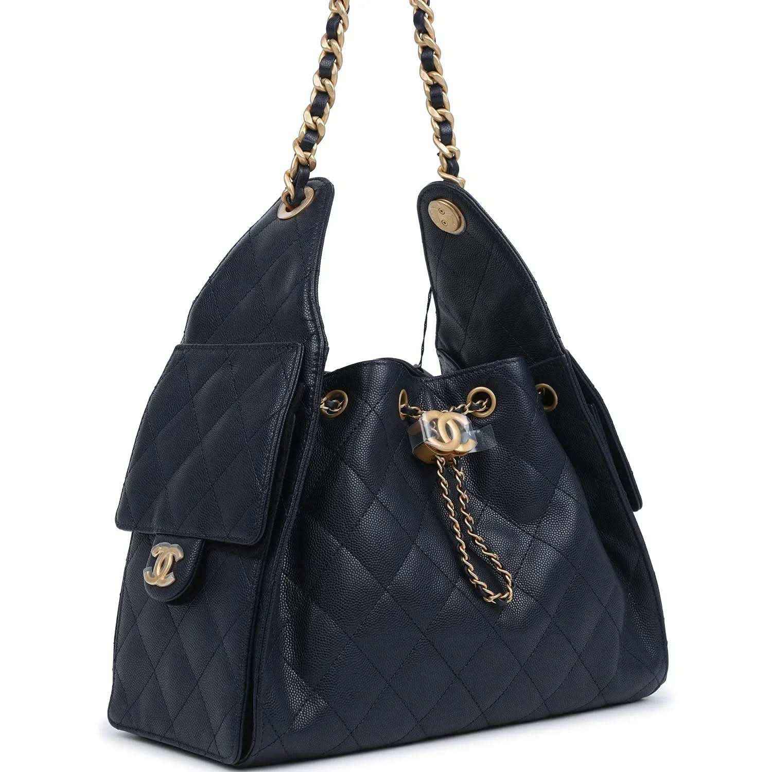 Small hobo bag, dark navy quilted caviar leather, side flap pockets, chain straps