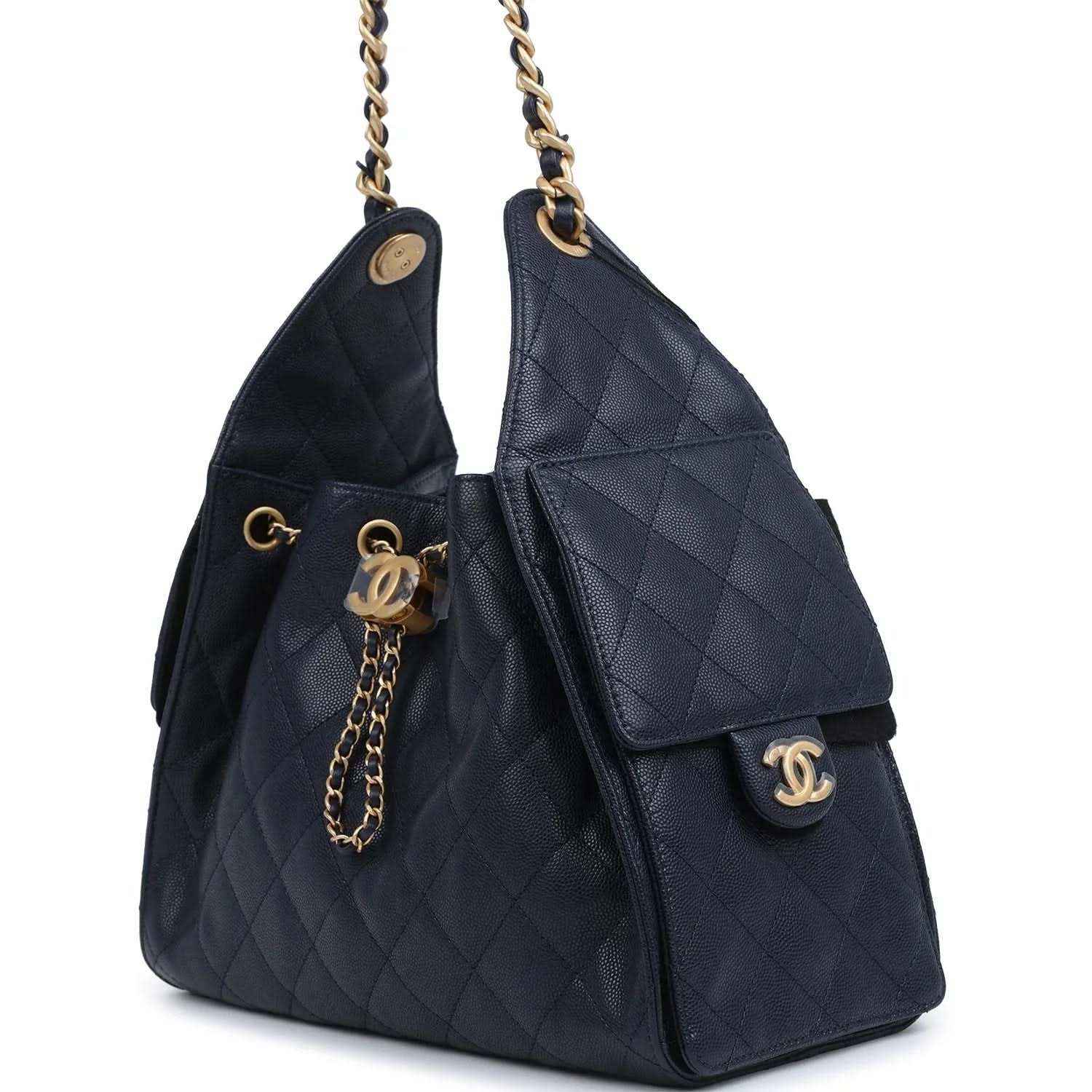 Small hobo bag, dark navy quilted caviar leather, front logo CC clasp, chain straps