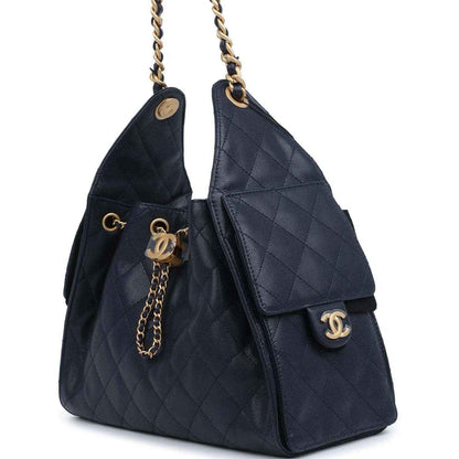 Small hobo bag, dark navy quilted caviar leather, front logo CC clasp, chain straps