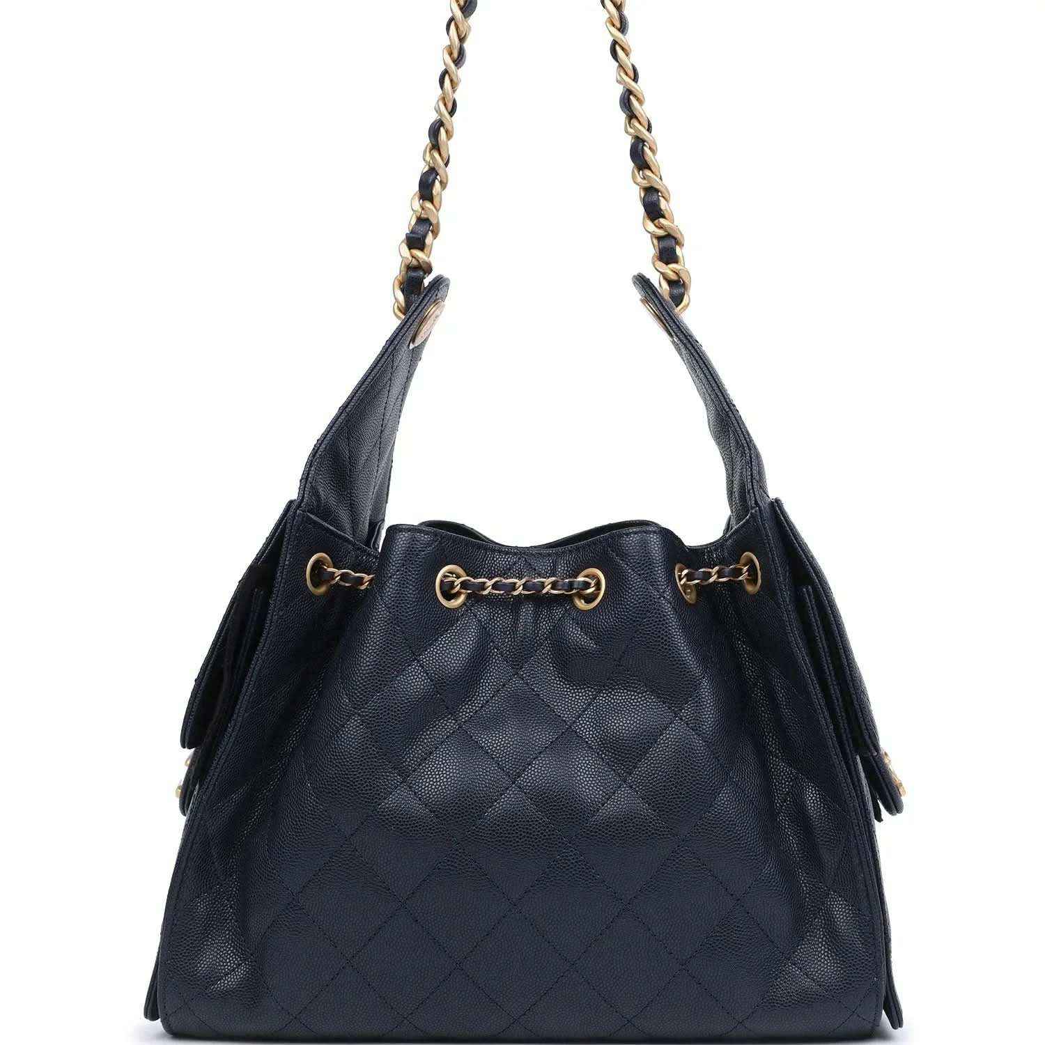 Small hobo bag, dark navy quilted caviar leather, chain top handles, gold CC clasp