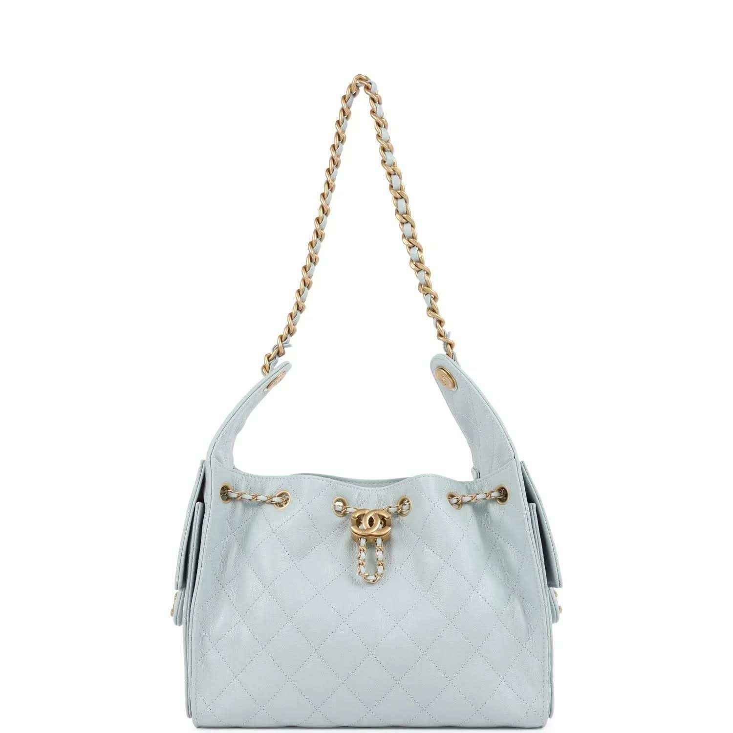Light blue quilted caviar mini hobo bag on gold chain straps with front emblem