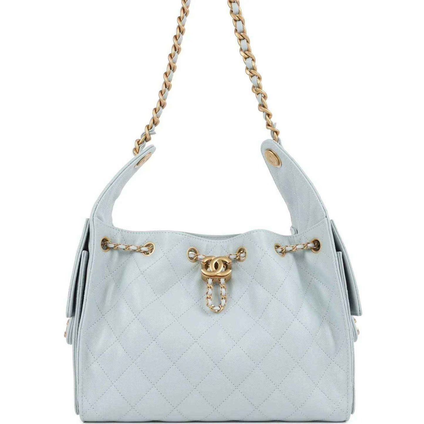 Light blue quilted caviar hobo bag with gold chain straps and front emblem charm