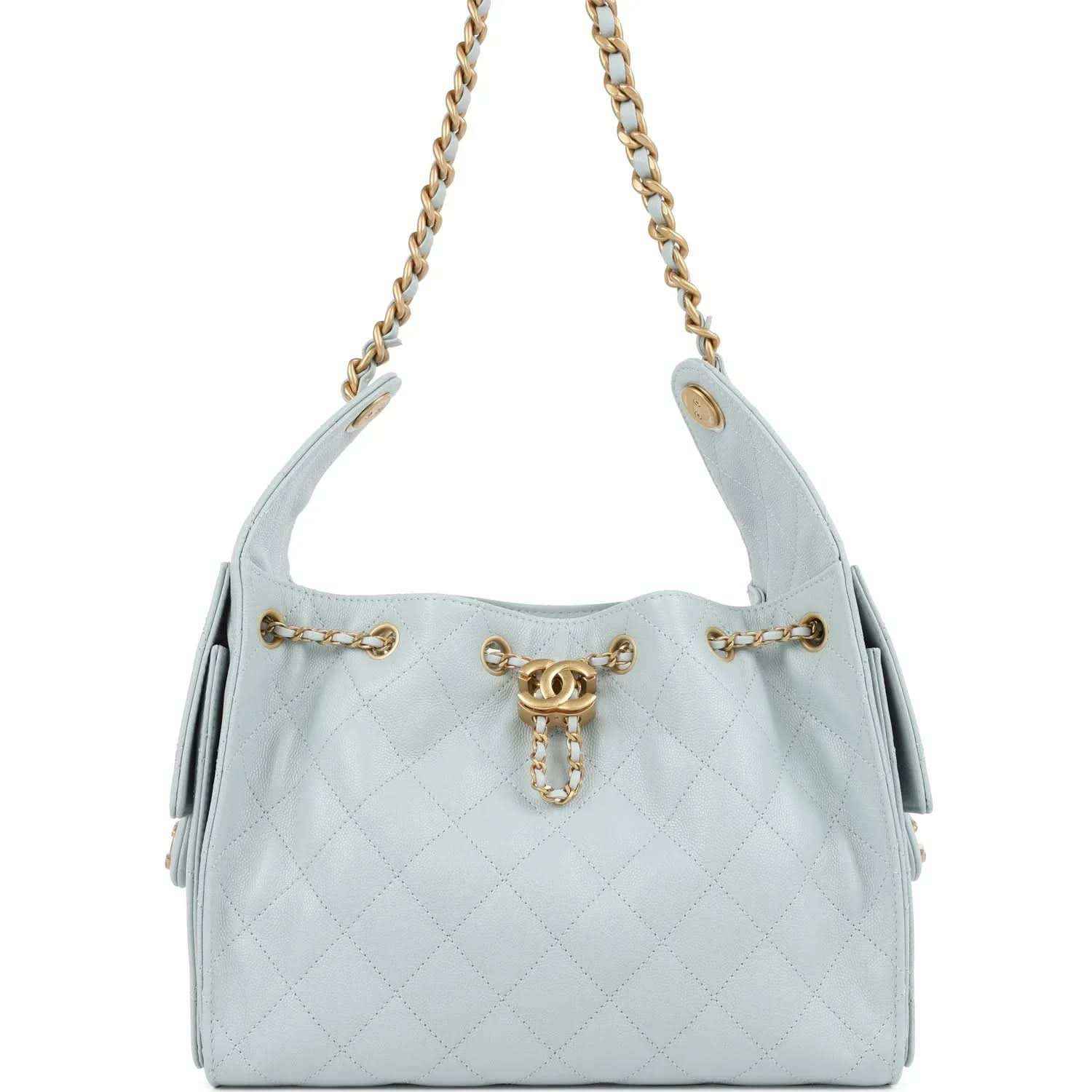 Light blue quilted caviar hobo bag with gold chain straps and front emblem charm