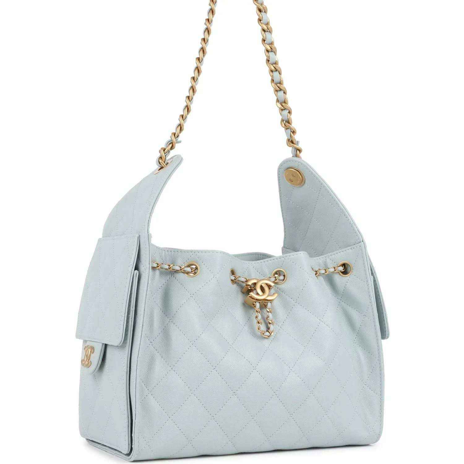 Light blue quilted caviar small hobo bag with gold chain strap and side slip pocket