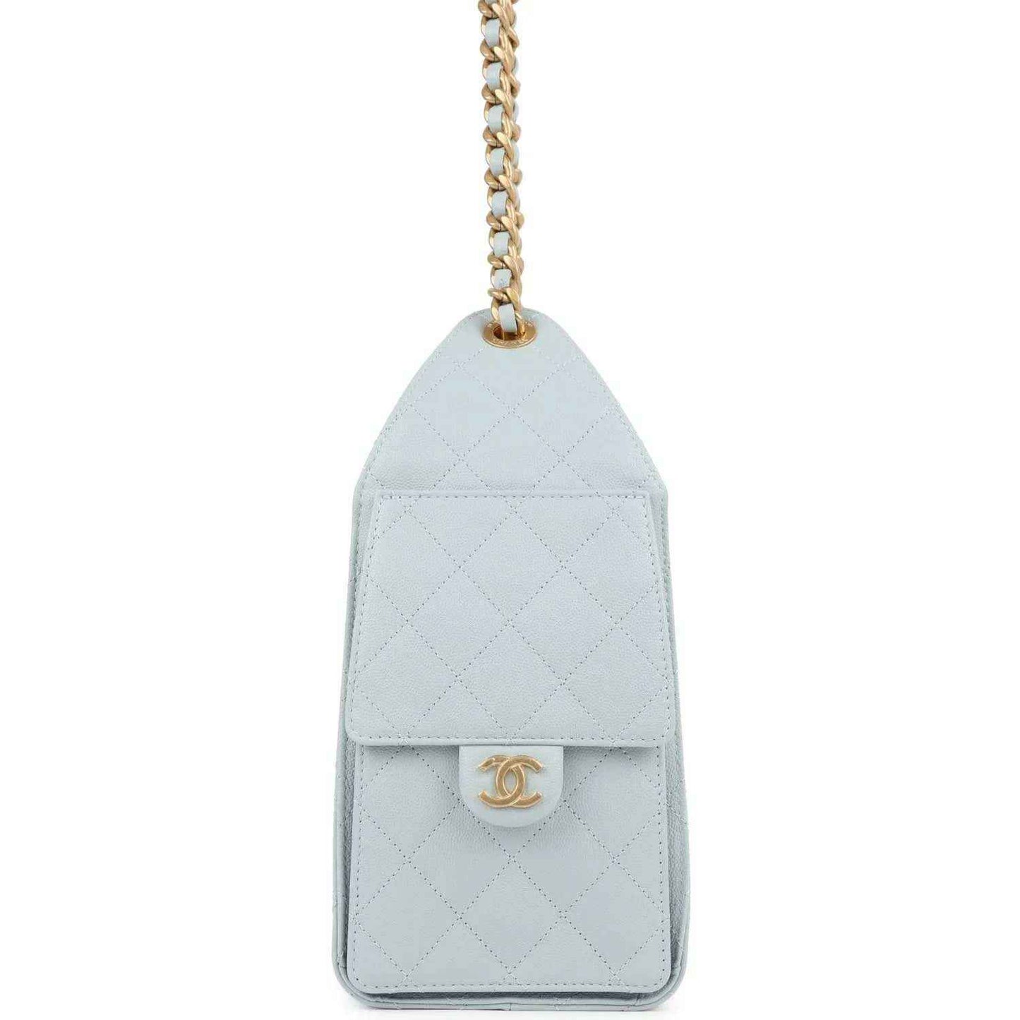 Light blue quilted caviar flap pocket with gold Chanel logo medallion
