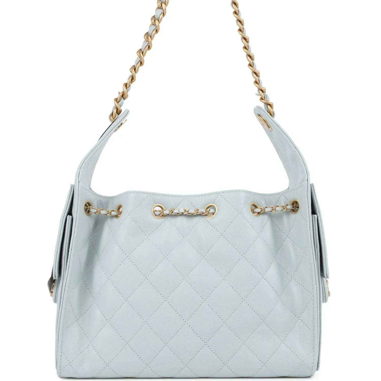 Light blue quilted caviar hobo bag with gold chain straps and front emblem charm