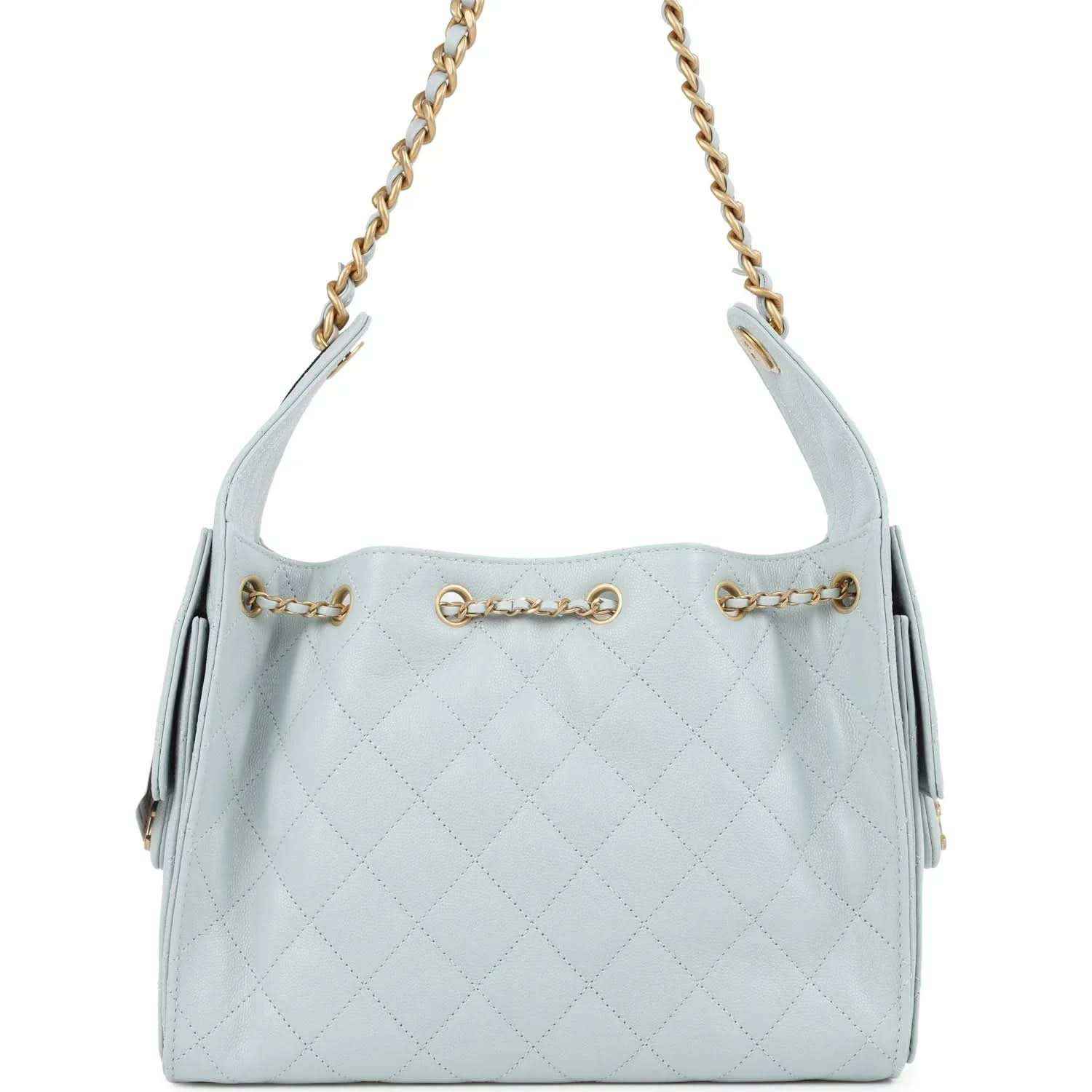 Light blue quilted caviar hobo bag with gold chain straps and front emblem charm