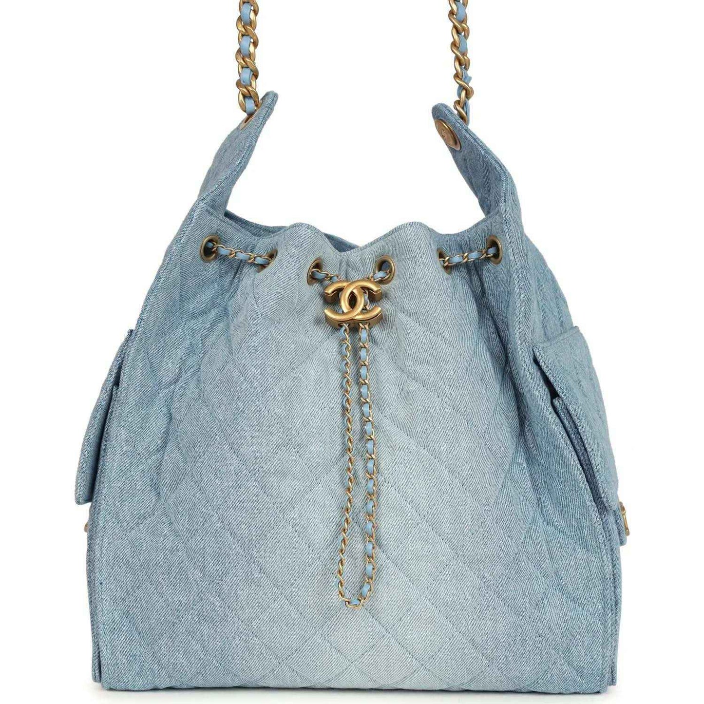 Chanel medium 25 hobo bag, blue washed denim, gold chain handles, turnlock