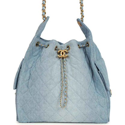 Chanel medium 25 hobo bag, blue washed denim, gold chain handles, turnlock