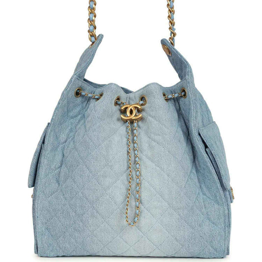 Chanel medium 25 hobo bag, blue washed denim, gold chain handles, turnlock