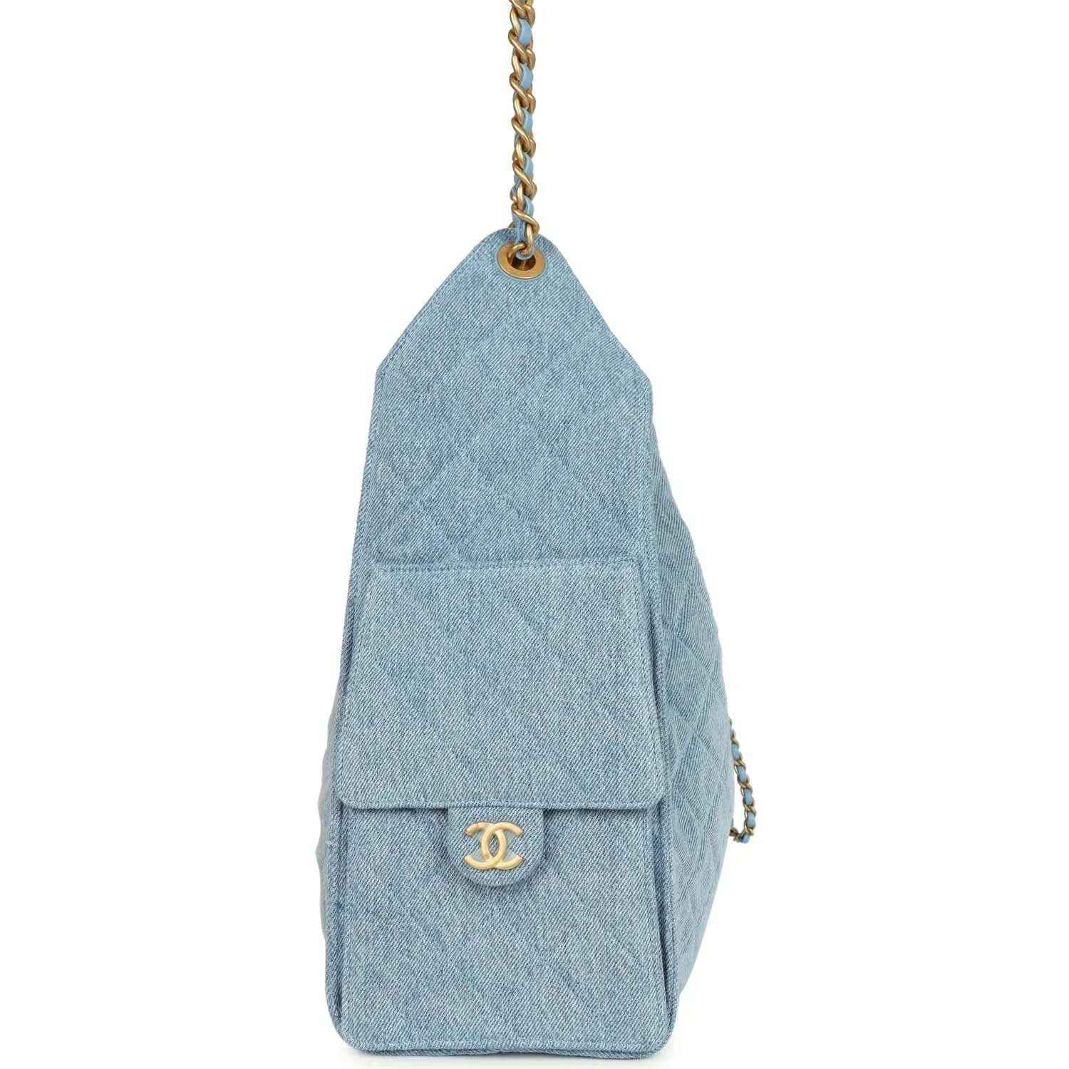 Chanel medium 25 hobo bag, blue washed denim, back flap with gold CC logo