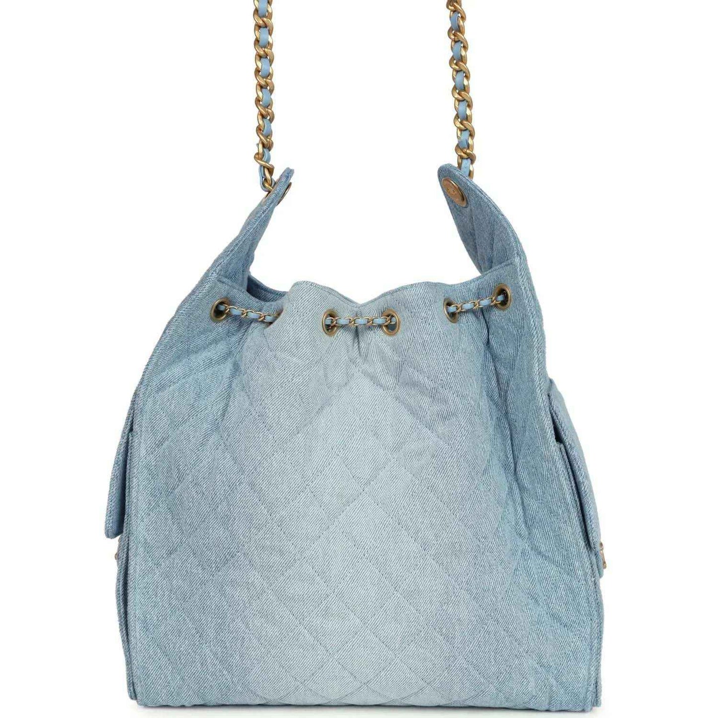 Chanel medium 25 hobo bag, blue washed denim, gold chain handles, quilted front