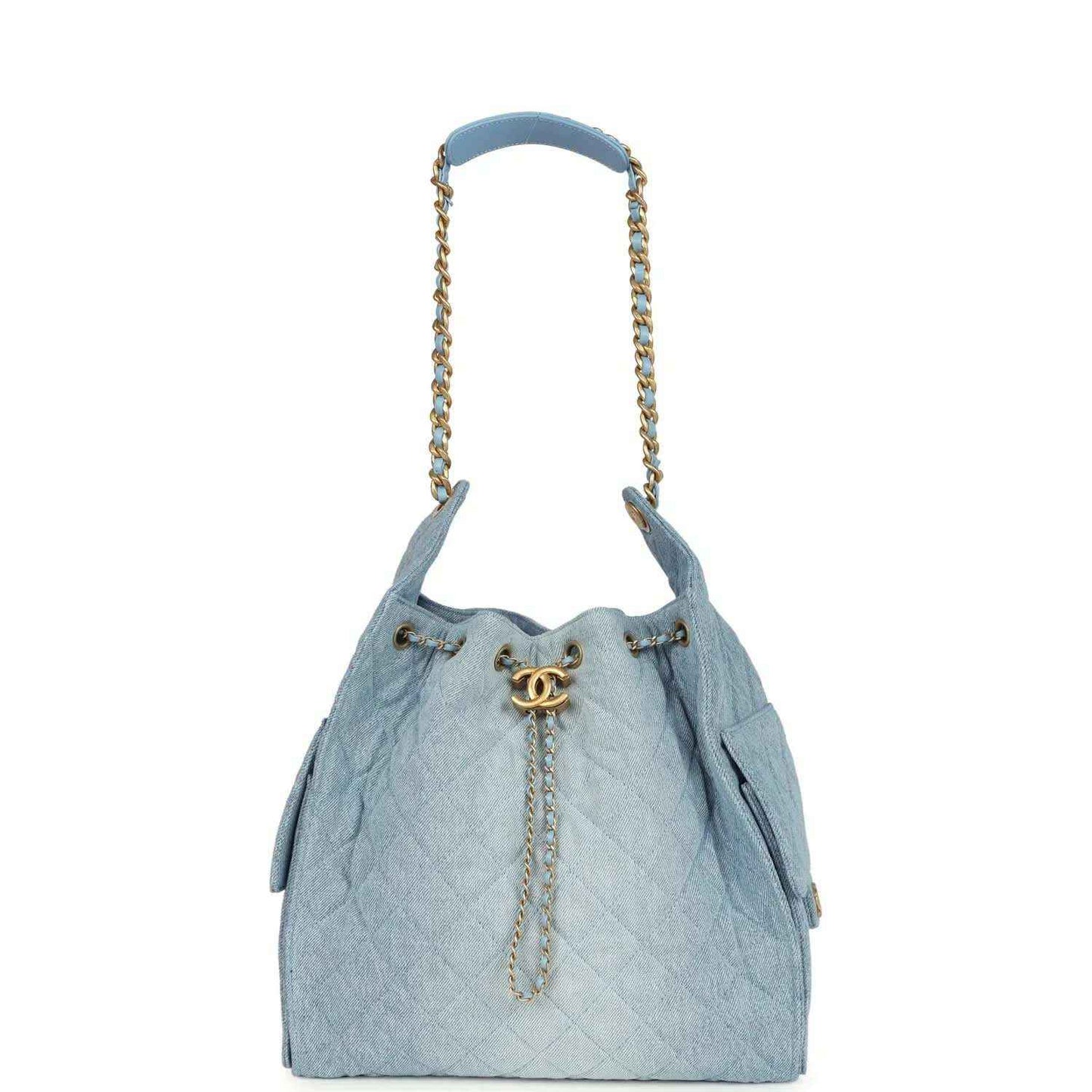Chanel medium 25 hobo bag, blue washed denim, gold chain handles and CC charm