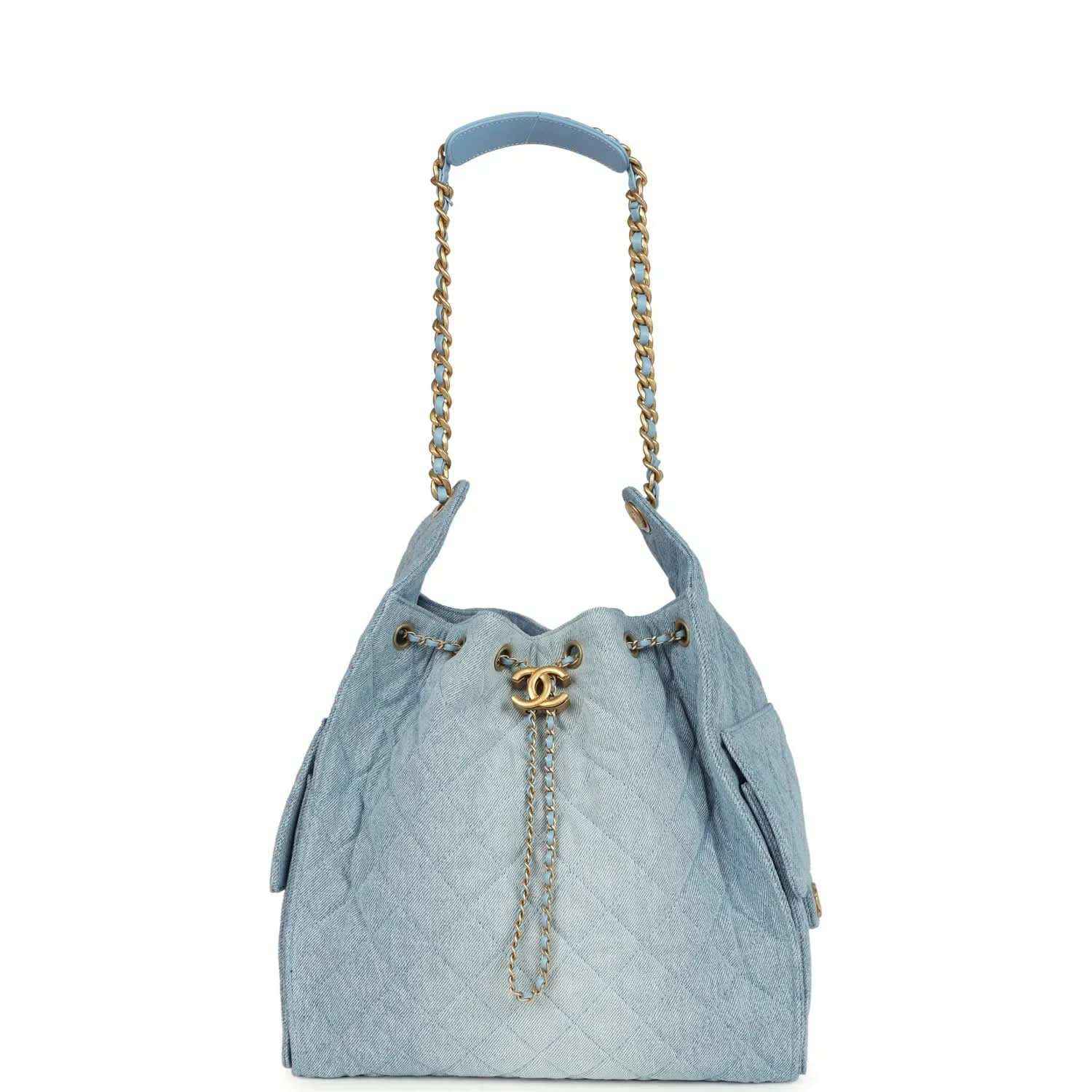 Chanel medium 25 hobo bag, blue washed denim, gold chain handles and CC charm