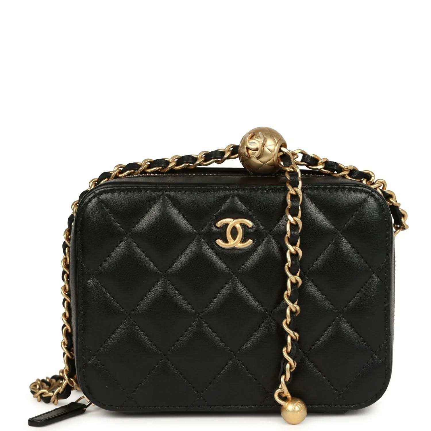 Black quilted lambskin Chanel clutch with gold chain strap and CC logo