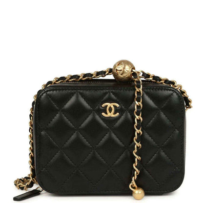 Black quilted lambskin Chanel clutch with gold chain strap and CC logo
