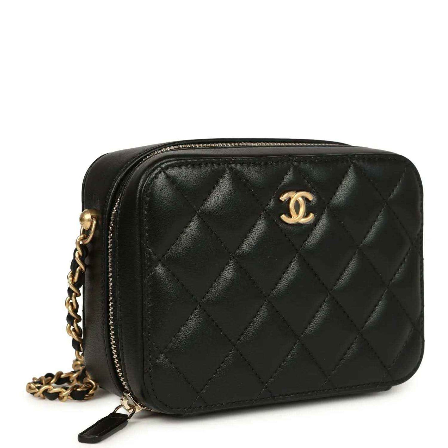 Black quilted lambskin clutch with gold-tone zipper and CC logo, chain strap attached