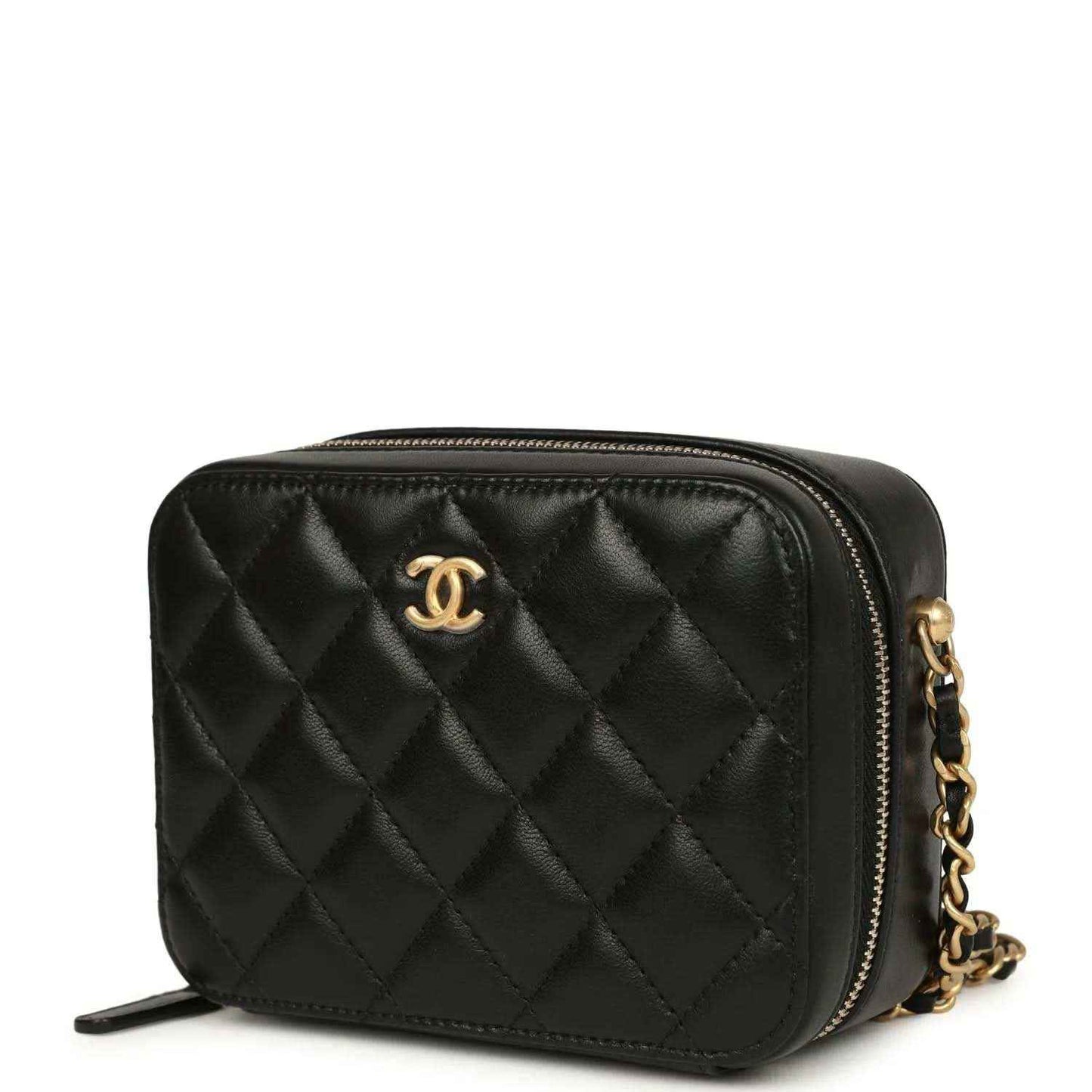 Black quilted lambskin clutch with gold-tone zipper trim and CC logo, chain strap