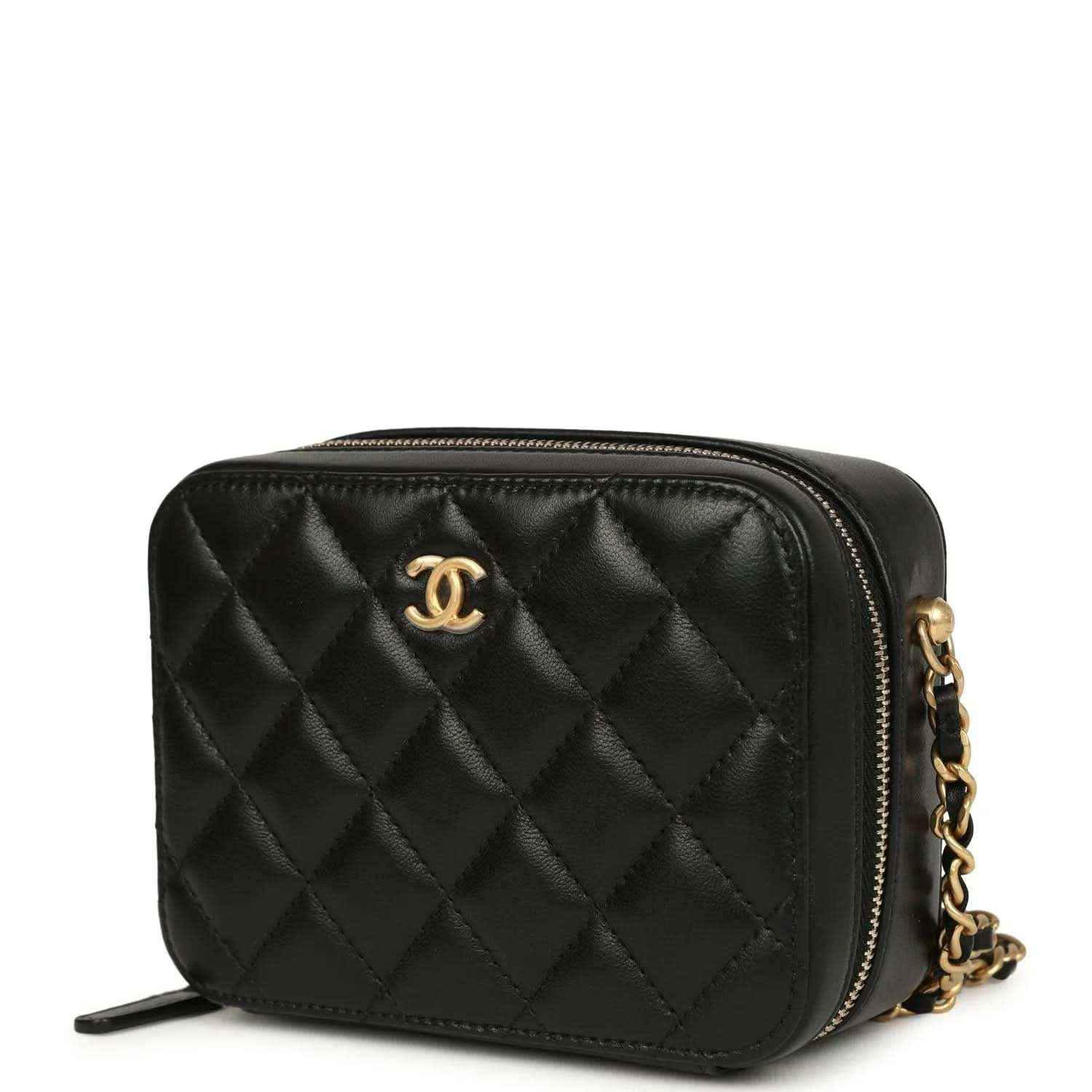 Black quilted lambskin clutch with gold-tone zipper trim and CC logo, chain strap