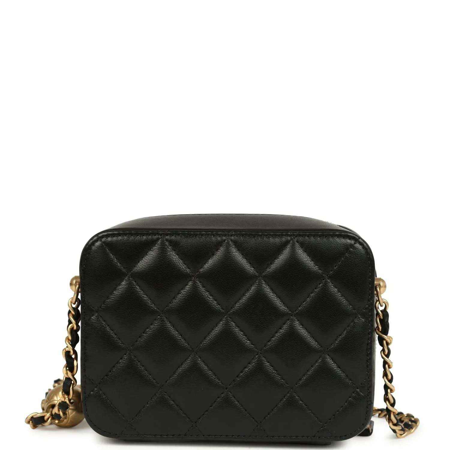 Black quilted lambskin clutch with gold-tone chain and CC logo, diamond pattern back