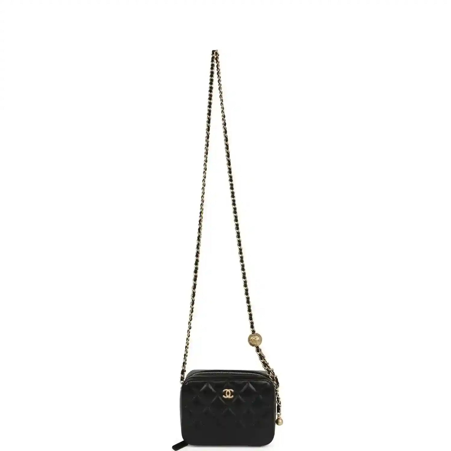 Black quilted lambskin mini clutch with long gold-tone chain strap and CC logo