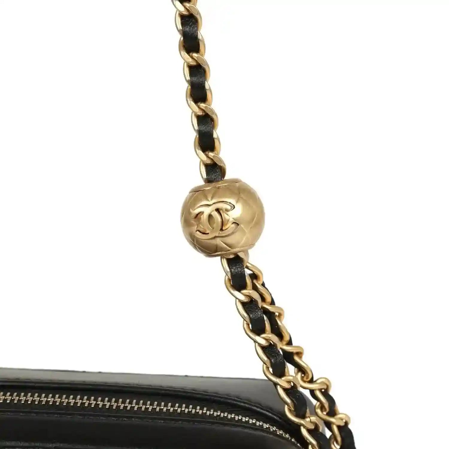 Gold-tone chain with round CC charm and black quilted mini clutch