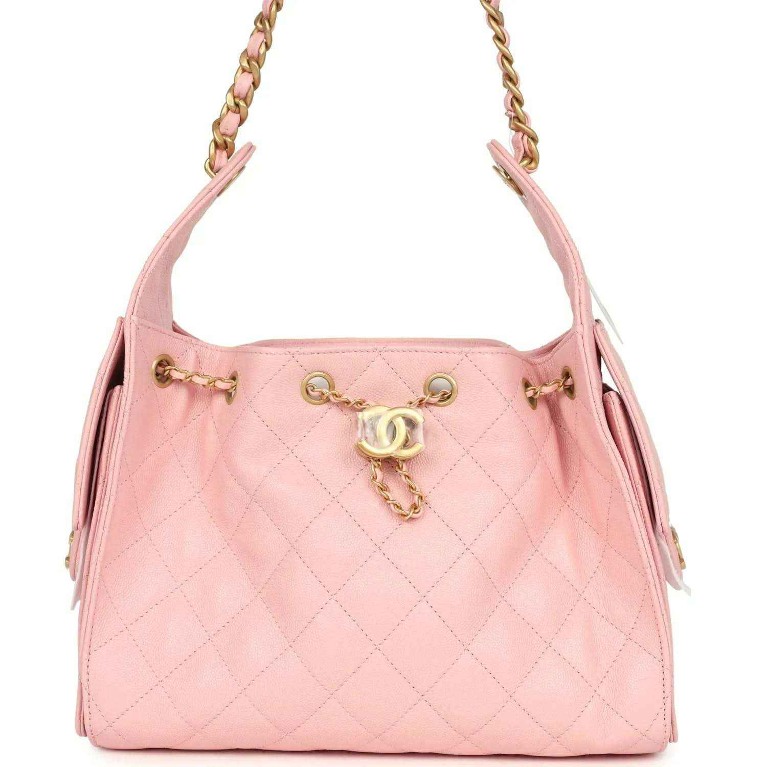 Small hobo bag in light pink caviar leather with gold-tone chain strap