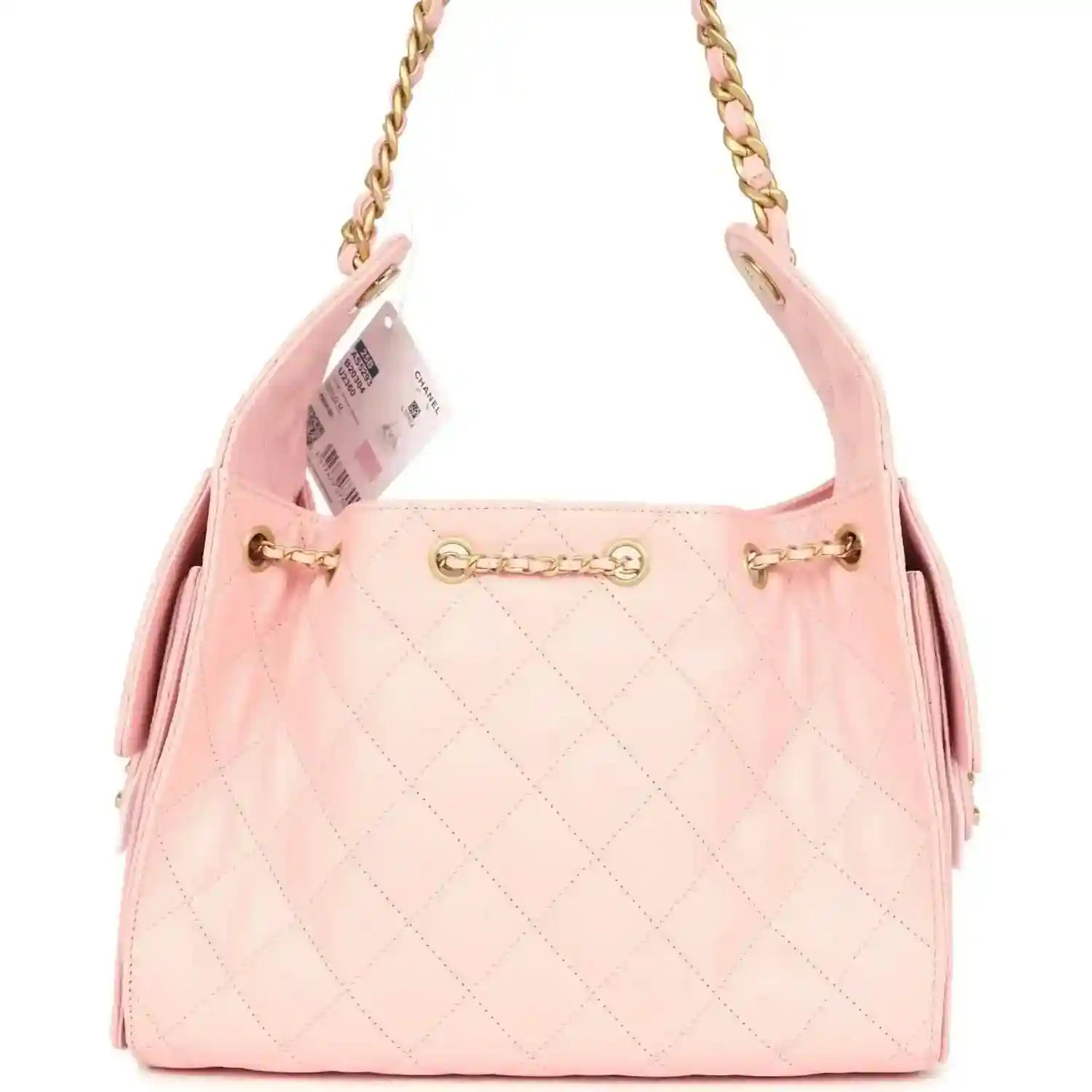 Small hobo bag light pink quilted caviar with open top and gold hardware