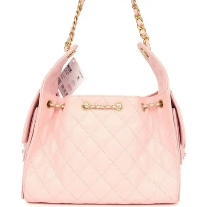 Small hobo bag light pink quilted caviar with open top and gold hardware