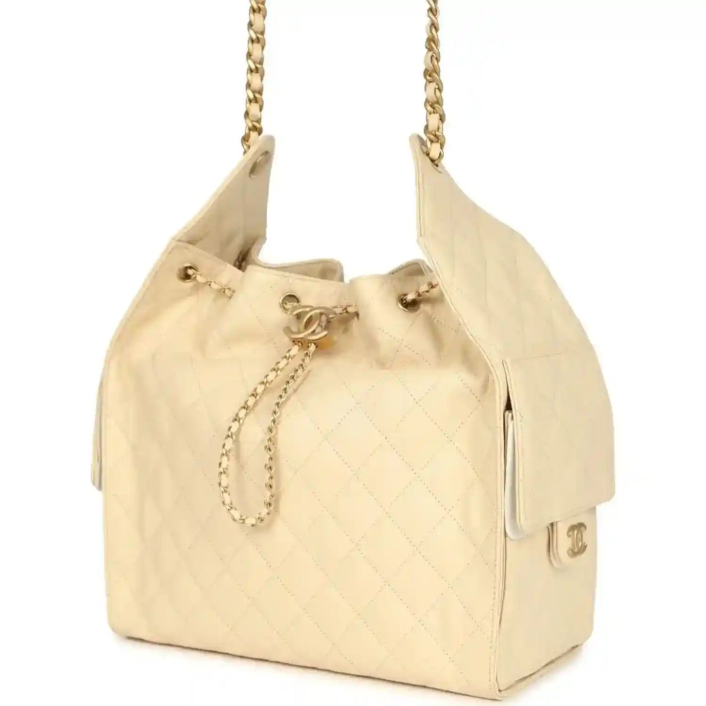 Light beige quilted caviar hobo bag with gold chain handles and side pull tab