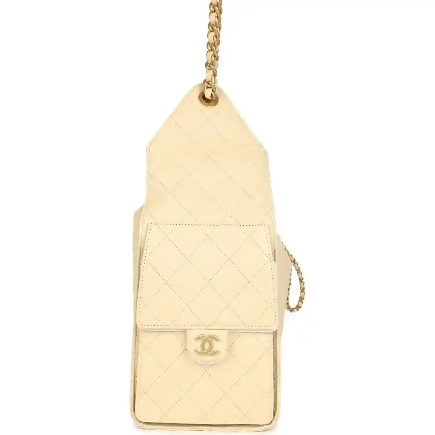 Light beige quilted caviar accessory pouch hanging from gold chain