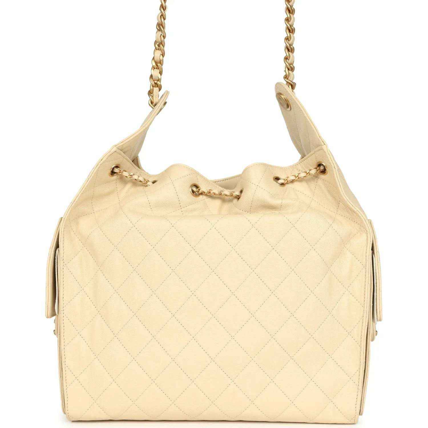 Light beige quilted caviar hobo bag with gold chain handles and front drawstring