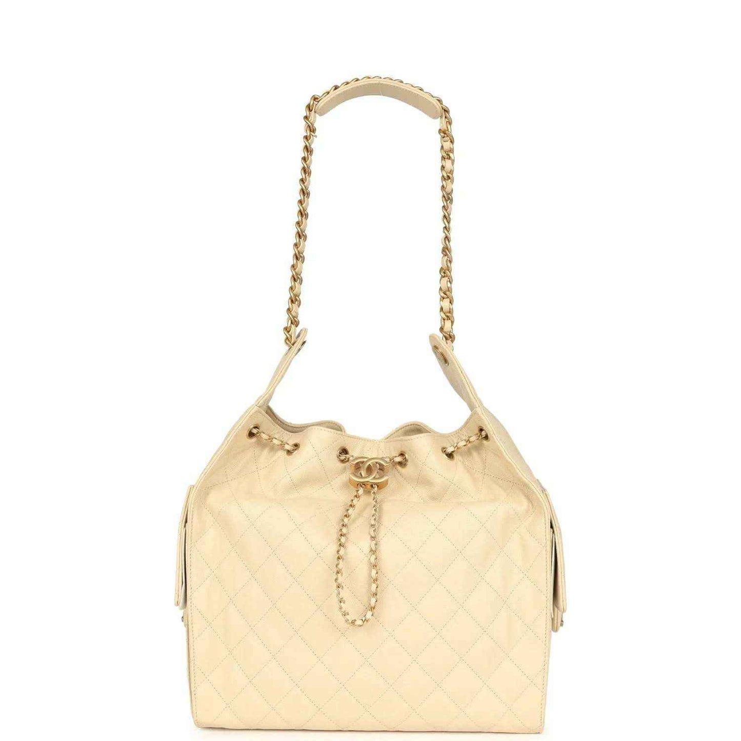 Light beige quilted caviar hobo bag with gold chain top handles and drawstring